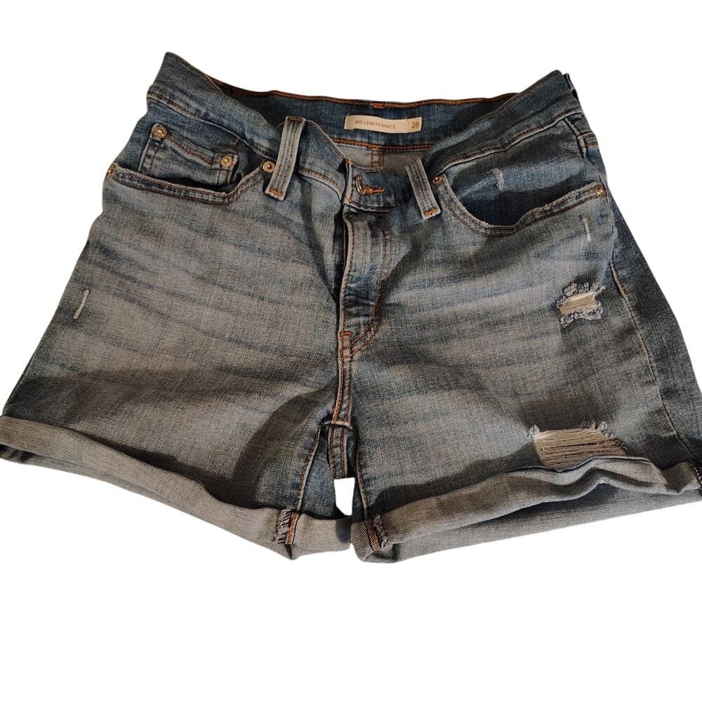 Levi’s Mid Length Denim Shorts Women’s Size 28 Distressed Stretch Medium Wash